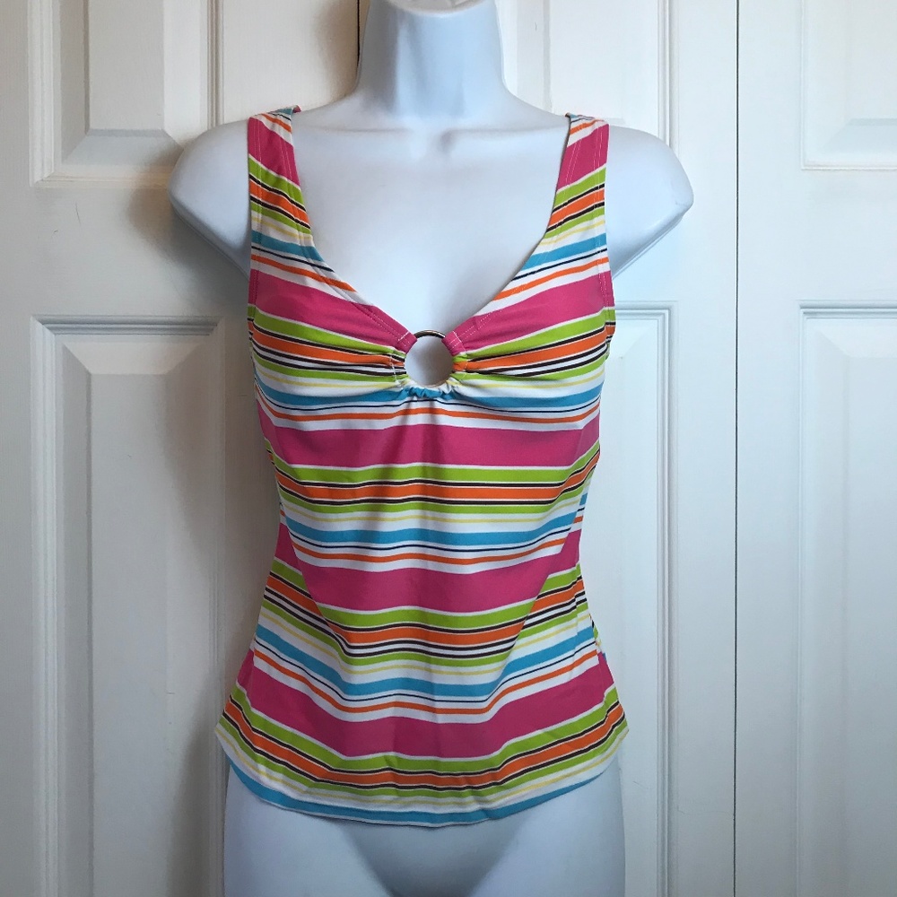 Wave Zone Pink Green Blue Striped Swim Tankini Top